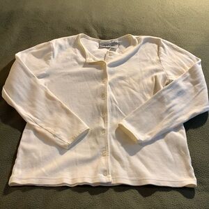 Villager Sport white button-up sweater with satin trim. Size small